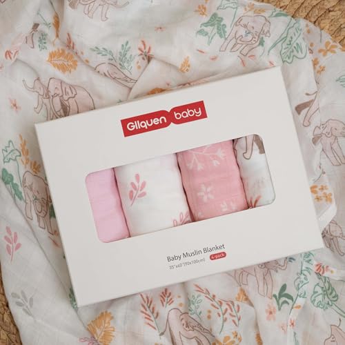 Image of GLLQUEN BABY Muslin Swaddle Blankets 4Pk Receiving Blanket Large 35 inch x 40 inch | Soft Cotton Baby Blankets for Girls Boys Breathable Nursery Swaddles for Newborns, Baby Essentials Shower Gift, Pink Elephant