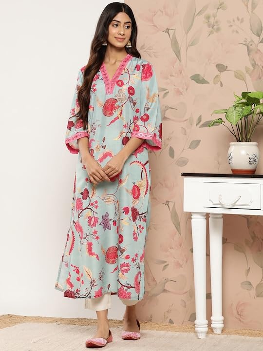 Image of Varanga Women's Blended Relaxed Fit Floral Printed Sequinned Detail A-line Kurta - Elegant and Stylish Ethnic Wear