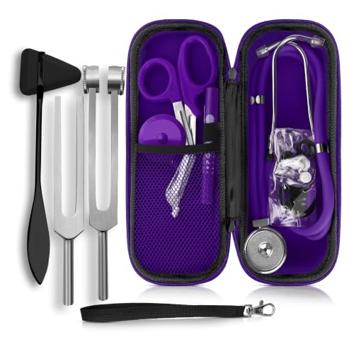 Dual Head Stethoscope with Storage Case, EMT Shears, Pen Light, Tuning Forks, Taylor Hammer, and Lister Scissors - Assorted Colors (Purple)
