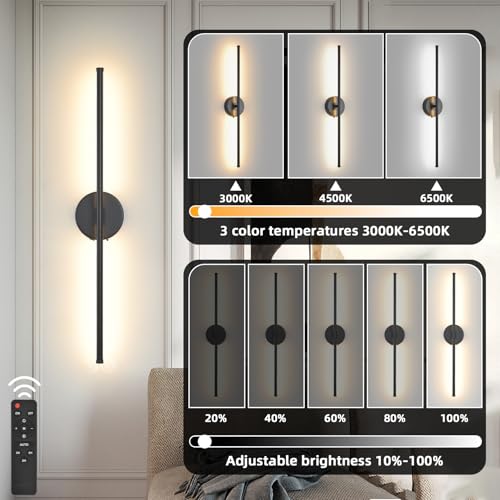 Image of Wall Sconces Battery Operated Set of 2, Black LED Wireless Wall Sconce with Remote Control 350 Rotating, 27.6 Inch Dimmable USB Rechargeable wall Lights for Living Room Bedroom Hallway