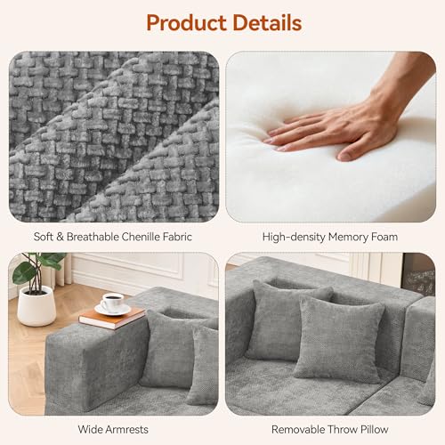 Image of MONVANE Modular Sectional Cloud Couch for Living Room - 130'' 6 Seater Convertible Chenille Couches Set with Ottoman, No Assembly Compression Sofas, Comfy Floor Sofa with Memory Foam, Light Grey
