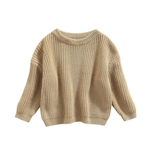 Pivanzore Baby Girl Boy Toddler Knit Sweater Cute Round Neck Long Sleeve Blouse Pullover Oversized Sweatshirt Warm Kids Tops Light Khaki