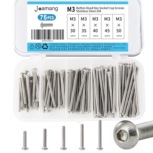 Joamang M3 x 30mm 35mm 40mm 45mm 50mm Button Head Socket Cap Screws Bolts, Stainless Steel 304, Metric Allen Hex Drive, Bright Finish, Fully Threaded, Assortment Kit 75PCS
