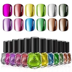 Metallic Nail Polish Set Fingernail: Chrome Mirror Holographic Nail Polish Kit Quick Air Dry 12 Colors Pack Regular Mini Nail Polish Finger Toe DIY Art Salon Gift for Women Party