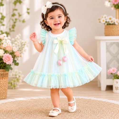 Image of Bold N Elegant Baby Girls Mesh Party Dress with Bow & Tulip Tassels
