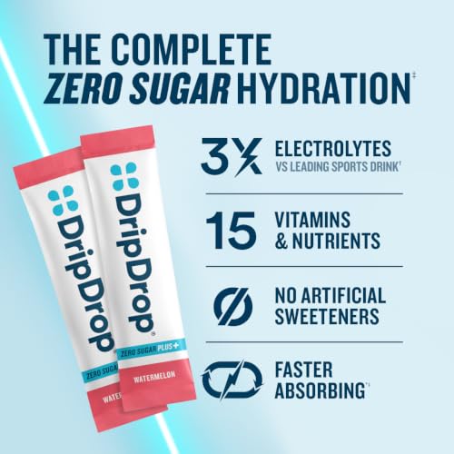 Image of DripDrop Hydration Zero Sugar Plus Electrolyte Packets, Watermelon, 30 Ct | Sugar Free, Single Serve Powder Drink Mix; 3X Electrolytes, 15 Vitamins & Nutrients; No Artificial Sweeteners, Low Calorie