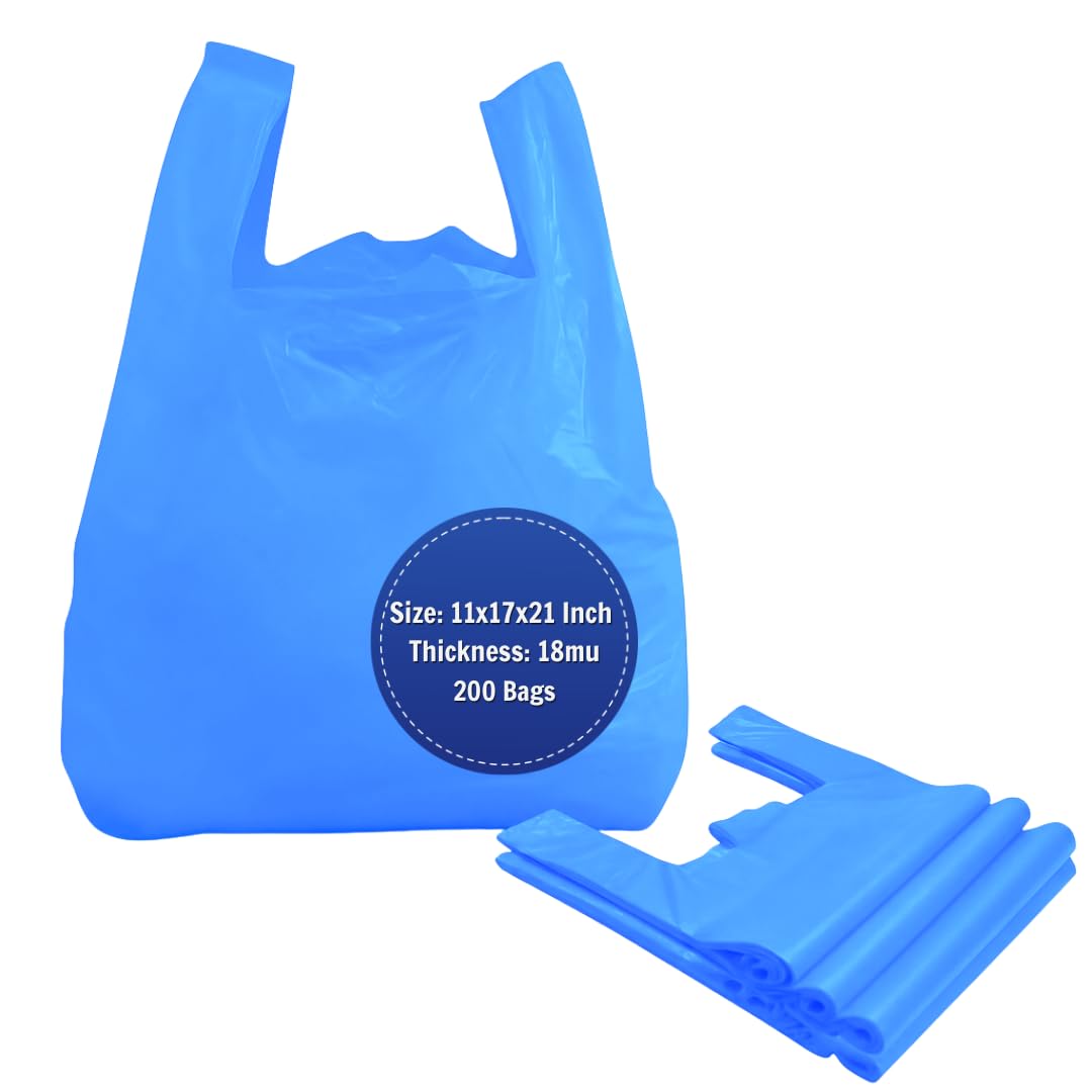ezkart Pack of 200 - Large Blue Plastic Carrier Bags with Handles,11 x 17 x 21 inch, 18mu, Heavy Duty, for Multi-Purpose Uses (Blue-200pk, 11x17x21 Inch-18mu)