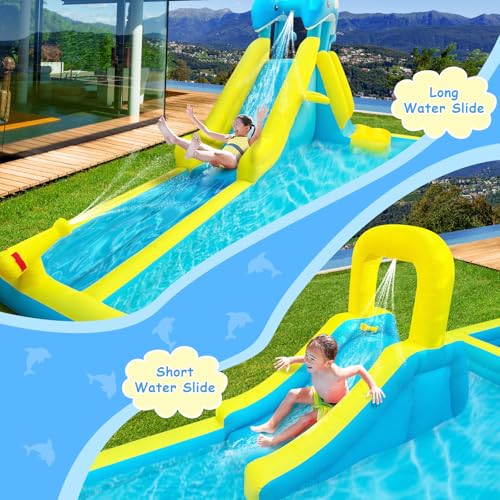 Inflatable Water Slide, Dolphin Styling Giant Bouncy Waterslide Park, with Extra Long Slide,Climbing Wall,Deep Pool,Water Cannon, 550W Blower for Indoor Outdoor Backyard Kids Party