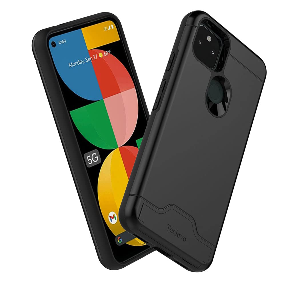 Teelevo Wallet Case for Google Pixel 5a 5G, Dual Layer Case with Card Slot Holder and Kickstand for Google Pixel 5a 5G - Black