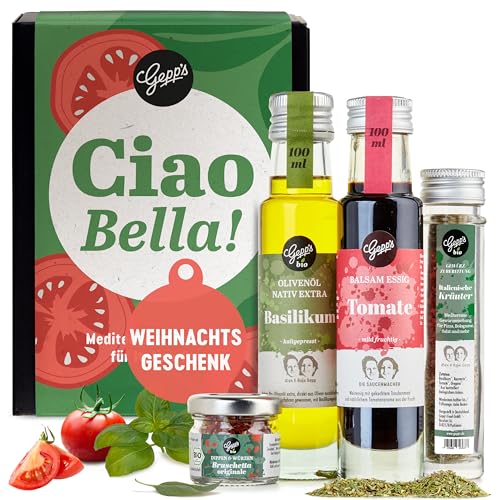Gepp’s Feinkost Geschenkset Italien | Geschenbox mit italienischen Delikatessen wie Bio-Olivenöl Basilikum, Bruschetta-Dip, italienisches Gewürz | Feines Gourmet-Geschenk für Männer & Frauen