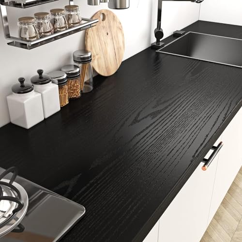 Image of SUNBIRD Black Wood Wallpaper, PVC and Wood Composite, Self-Adhesive, DIY, 24in x 3m, Ideal for Smooth Flat Surfaces, Kitchen, Home Decoration