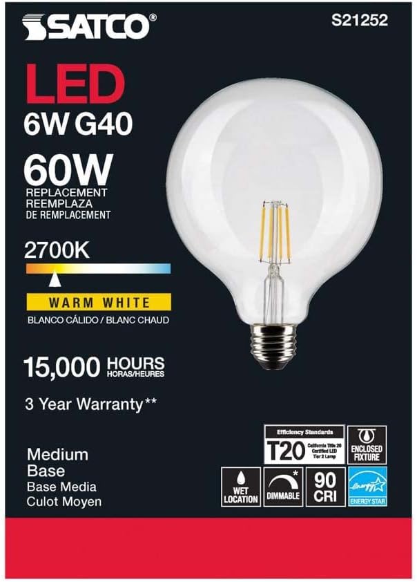 Satco 6 Pack 6W G40 Globe Filament LED 2700K Warm White Medium Base Dimmable Light Bulb - 60W Equivalent