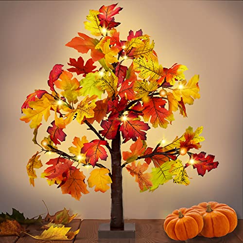25 Inch 24 Led Fall Lighted Maple Tree Decorations With Pumpkin Lights Battery Operated Artificial Fall Tree For Autumn Harvest Thanksgiving Party Room Indoor Mantle Home Decor #TOP27