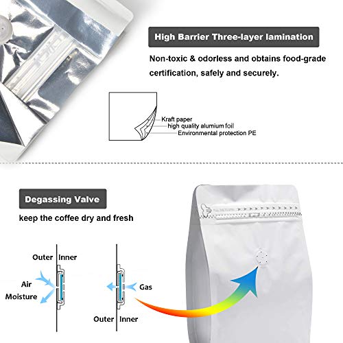 Image of 4 Ounce White Kraft Paper Coffee Bags, Stand Up Coffee Pouches with One Way Degassing Valve and Reusable Side Zipper (Pull Tab to Open) Flat Bottom - Stand Up Well (50pieces / 4oz, 0.25lb, 100gram)