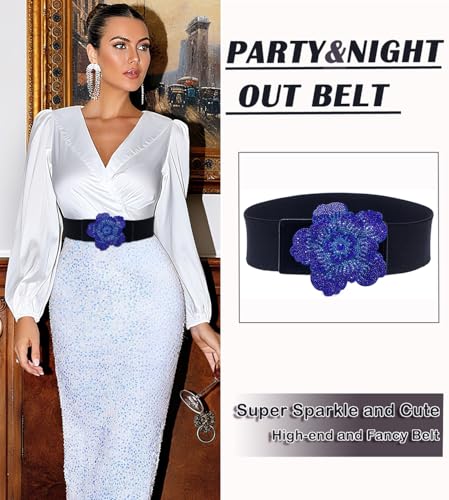 ALAIX Women's Belt Shiny Flower Buckle Bling Stretchy Wide Dress Belts for Women Sparkle Rhinestone Elastic Waistband2