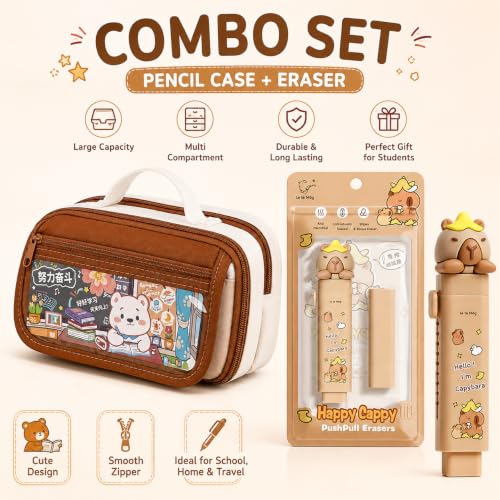 Image of Kawaii Stationery Combo Set for Girls | Kawaii Pencil Case Pouch with Zipper & Push Pull Eraser with Refills Back to School Supplies Gift for Kids (Capybara Bear Pouch + Coffee Eraser)