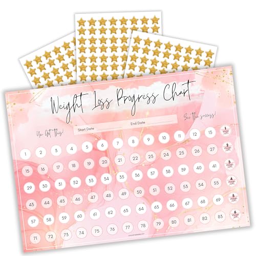 Weight Loss Progress Chart Poster with 88 Gold Star Stickers – A4 Size | Pastel Pink Watercolour Design | Thick 450gsm Card | Track Every Pound Lost | Wall Chart for Slimming Motivation (Pink)