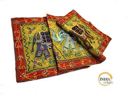 India colors. Camino de Mesa, Mantel Decorativo, pie de Cama, Tapiz o paño para Colgar en Pared. Hecho a Mano en India. Telas Bordadas con Incrustaciones. Diseño Elefantes. Primera Calidad. (Verde)
