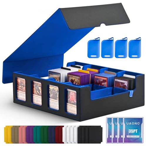 Image of UAONO Trading Card Storage Box with Commander Display; 2400+ Deck Box for MTG with Removable Cover; Top Loaders Card Case fits Magic TCG PTCG Sports Cards; 24 Dividers, 4 Stoppers (Black, Blue)