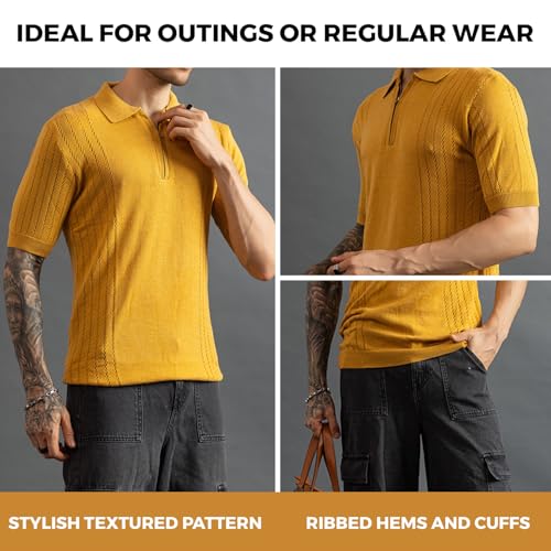 Image of CHKOKKO Men's Knitted Textured Pure Cotton Polo Neck T Shirt for Men | Stylish Soft Summer Wear Half Sleeves Solid Color | Casual Regular Fit Ribbed Cuff & Hem