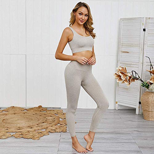 Hotexy Women\'s Workout Outfit 2 Pieces Seamless Yoga Leggings with Sports Bra Gym Clothes Set Light Khaki - Thumbnail 3