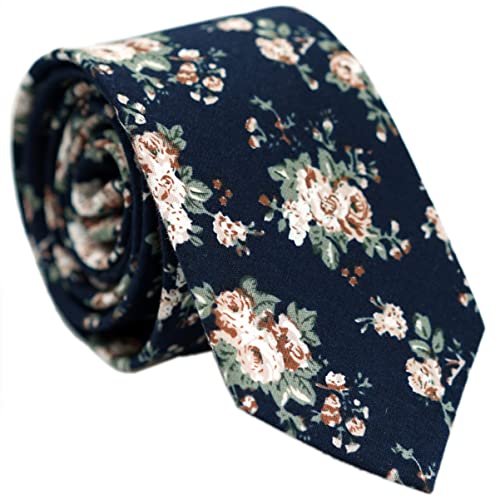 BELLUNO Floral Skinny Tie for Men, Slim Flower Tie for Wedding, Activities, Gift Box-Navy Bouquet
