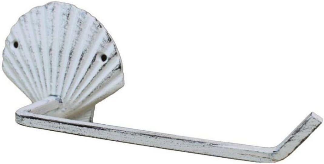 Hampton Nautical K-9211-w Whitewashed Cast Iron Shell Toilet Paper Holder 10" - Beach Bathroom Decoration - Beach Home Decorating