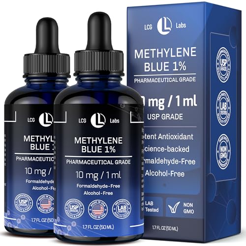 LCG LABS Methylene Blue Pharmaceutical Grade - Methylene Blue 1% - Liquid Drops Aqueous Solution 10 mg / 1 ml - Third Party Tested - Formaldehyde & Alcohol-Free - 2-Pack, 1.7 Fl OZ