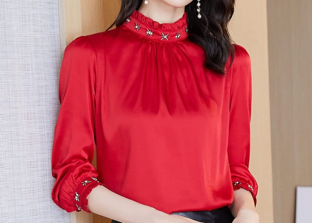 Damenkorsett Mit Langen Ärmeln,Eleganter Damen-Pullover Plissee-Oberteile Satin-Bluse Hemd Ballon Lange Ärmel Solidd Tunika Chiffon-Hemd Komfort-Oberteile Lässige Büro-Business-Bluse Für Mädchen Dam