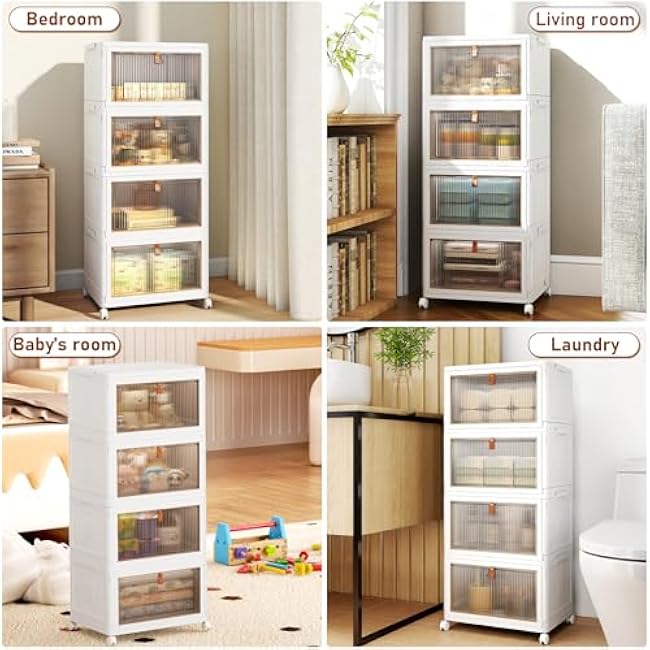 4 Tier Storage Bins with Lids, 23QT Stackable Closet Organizers and Storage with Wheels, Collapsible Storage Boxes, Foldable Plastic Storage Containers for Home,Office, Dorm Room-White