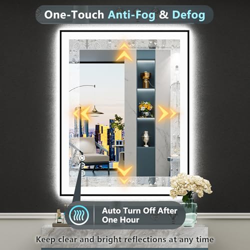 Image of 24x32 Black Framed LED Bathroom Mirror with Lights, Backlit and Front Lit Anti-Fog Lighted Vanity Mirror for Bathroom Wall, Dimmable, 3 Colors, Memory, Shatter-Proof, HD Tempered Glass, CRI 95