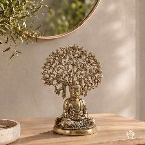 Image of BEHOMA Golden Buddha Statue Under Bodhi Tree | Metal Idol for Home Decor
