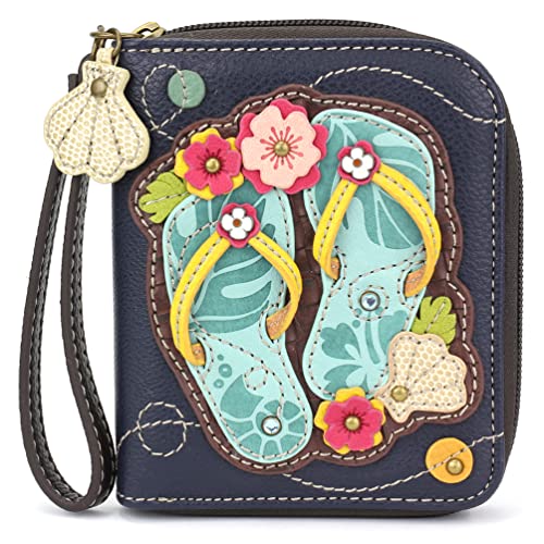 Image of CHALA Zip Around Wallet, Wristlet, 8 Credit Card Slots, Sturdy Pu Leather - Flip Flop - Navy
