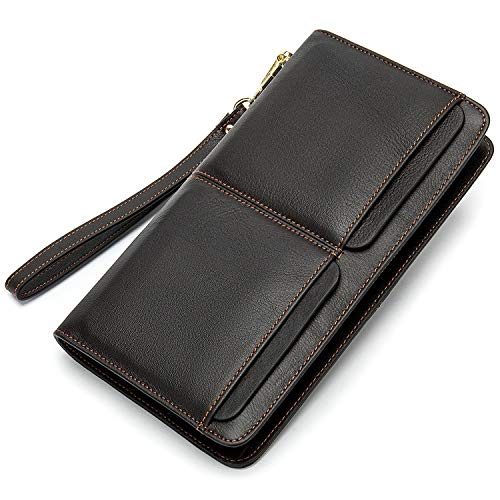 Cowhide Leather Vintage Walet Male Wallet Men Long Clutch Coin Purse Pocket Rfid,coffee