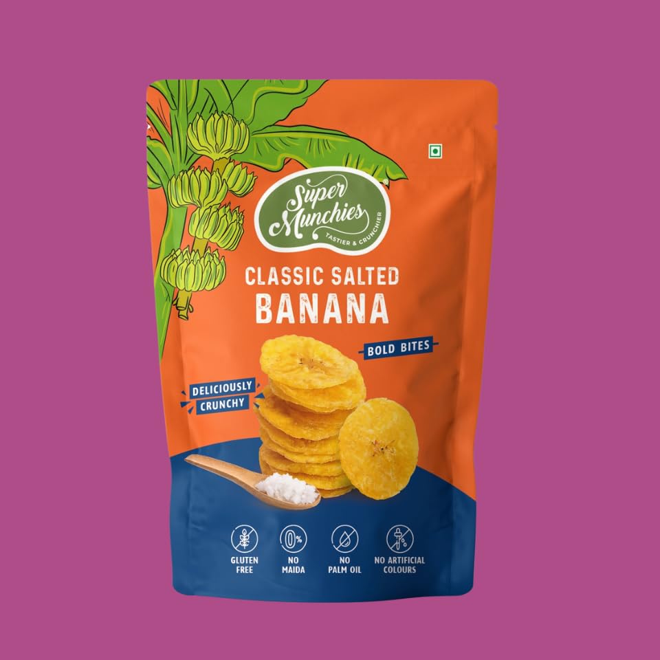 Image of Super Munchies Bold Bites Classic Salted Banana Chips | Vegan, Gluten Free, No Palm Oil, No Preservatives, No Artificial Colors, Zero Trans Fat, No Cholesterol, No Added MSG (Pack of 4)