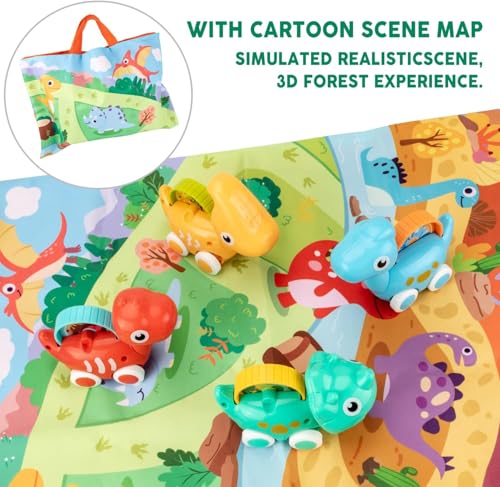 Image of PLUSPOINT Cute Dinosaur Toy car Set with Playmat Fantastic Creatures Toys mat Storage Bag Baby Car Travel Toys Pretend Play Jungle Theme playmat for Kids Birthday Gift Stocking Stuffers for Toddler