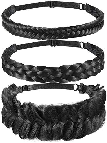 3 Pieces Synthetic Hair Braided Headband Braiding Hair Headband Chunky Plaited Headband Elastic Stretch Hairpiece for Women Girls Hair Accessory, 2 Strands, Wide Fishtail, 5 Strands (Medium Brown)