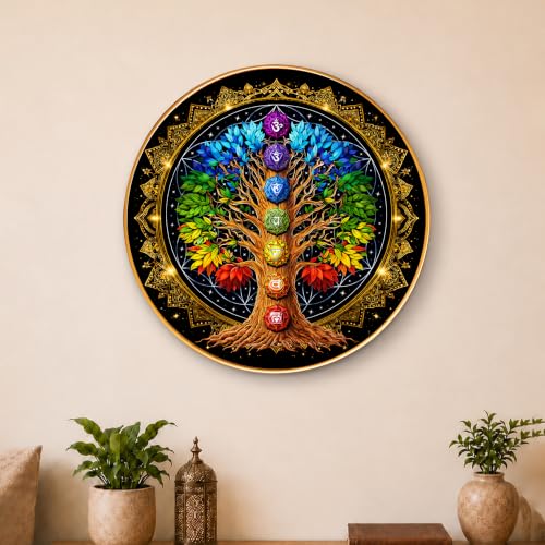 Image of PAINTINGMANTRA Chakra Tree of Life Round Wall Art Painting With Frame For Living Room | 7 Chakra Vastu Decor Framed Painting | Spiritual Round Wall Hanging for Home, Meditation Room & Gifting, 16 Inch
