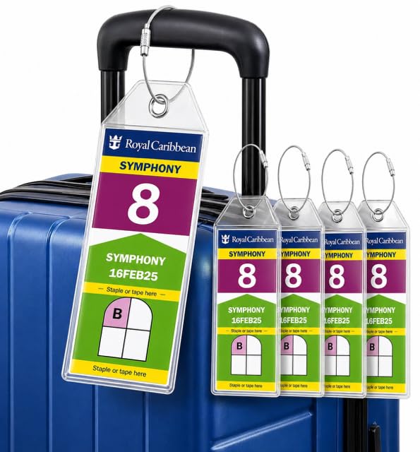 Royal Caribbean Cruise Luggage Tag Holders (4 Pack) - fits Royal Caribbean Tags 2026-2027. Clear Waterproof PVC with Steel Loop Fasteners. Cruise Essentials.