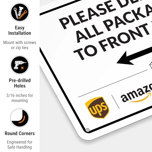 Image of Package Delivery Sign, Delivery Instructions Deliver All Package to Front Door Left Arrow Sign, 10x7 Inches, Rust Free .040 Aluminum, Fade Resistant, Made in USA