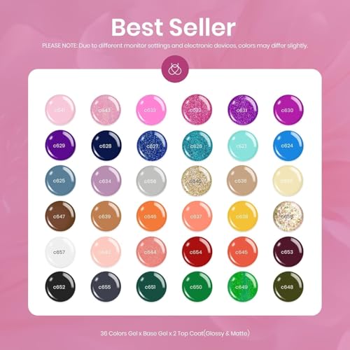 Image of Beetles Gel Nail Polish Set, 36 Colors Gel Polish Set Sparkle Red Pink Glitter Black Nail Kit Free Journey Collection with 3Pcs Base Top Coat Soak off Uv Gel Polish Manicure Kit
