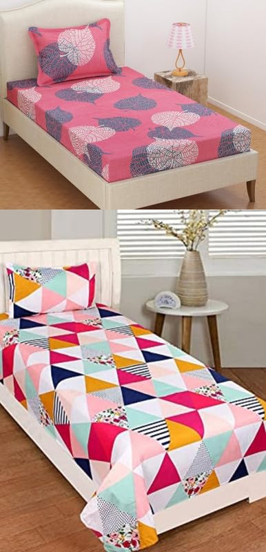 Single Bedsheet Combo (Pack of 2) | Soft Brushed Glace Cotton 180 TC - Set of 2 bedsheet with 2 Pillow Cover - Breathable & Wrinkle Free - 4 Pcs Set | Floral - Pink Grey