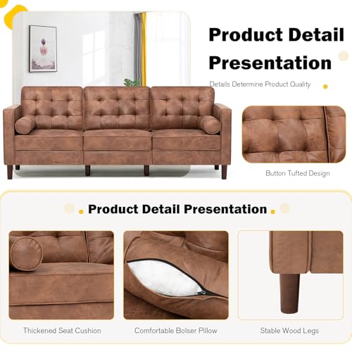 Image of 84 inch Suede Leather Sofa with 2 Soft Pillows, Tufted Modern Sofa with Sturdy Wooden Legs, 3 Seats Couch for Living Room, Office, Bedroom, Brown