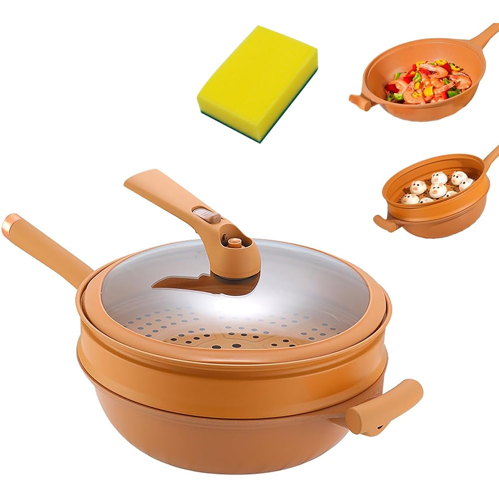 HFINGAQEX2024 Non-Stick Clay Wok with Steamer Basket, 12.6in Multifunctional Pottery Clay Non-Stick Micro Pressure Pot 2-in-1 Micropressure and Induction Bottom with Free-Standing Lid Stir Fry Pan