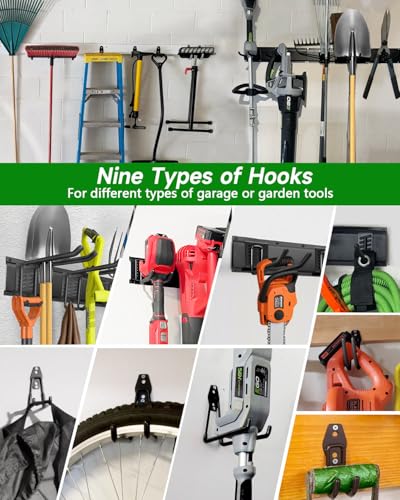 Image of PIYILO Garden Tool Organizer 48 in with 18 Garage Hooks, Heavy Duty Garage Wall Hooks for Hanging Ladder, Bike, Tool Storage Rack for Yard Tools, Shovel, Shed (23 Pack)