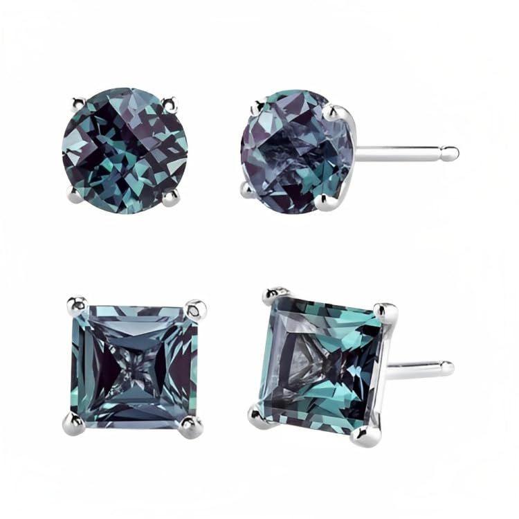 Paris Jewelry18k White Gold 2 Pair Created Alexandrite 6mm Round & Princess Cut Stud Earrings Plated