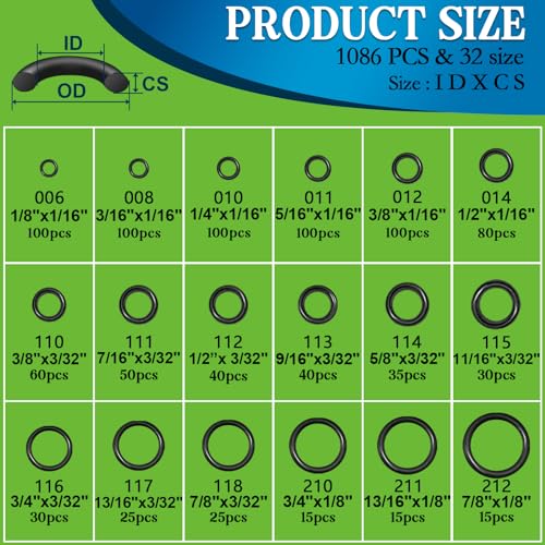 Image of ZDBB 1086 Pcs SAE Standard O Ring Kit Nitrile Rubber O-Rings Assortment with O'Ring Pick for Hydraulic Automotive Plumbing Faucet Seal Repair 32 Size Inch ID:1 /8 inch-2 inch