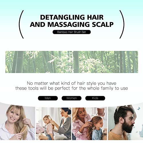 Foto von Bambus Haarbürste Set, Eco-Friendly Natural Bamboo Paddle Haarbürste Set Kopfhaut Massage für Frauen Männer und Kinder-Combetter