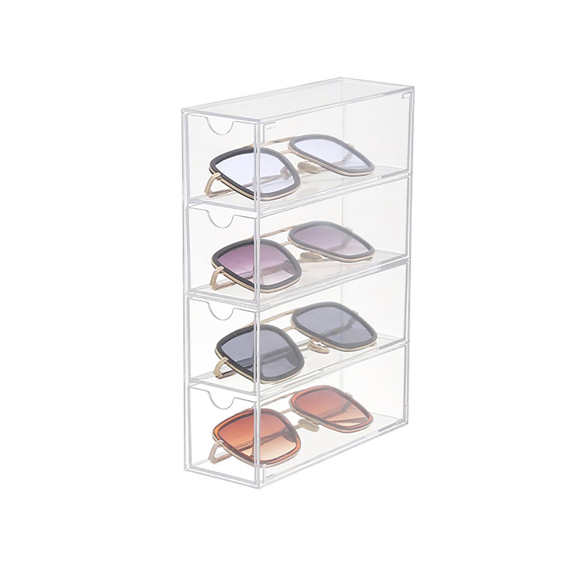 Glasses Display Case, Sunglasses Organiser with 4 Drawers, Acrylic Eyeglass Organizer, Make-up Storage Drawer Tray, Transparent Clear Storage Box for Eyeglass, Jewellery, Cosmetics, Home, Office