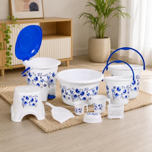 Image of Heavy Duty Virgin Plastic Large Capacity 20L Bucket, 5L Bucket, Stool,22L Deep Tub, Dustbin,1.5L Mug,1L Mug, Soap Case, Dustpan, Tooth Brush Stand Bathroom Set(K.White-Blue) - 10 Pieces
